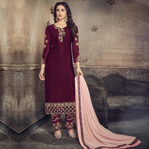 Classy Wine Colored Party Wear Embroidered Georgette Silk Suit