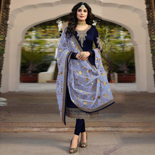 Entrancing Navy Blue Colored Partywear Embroidered Satin Georgette Suit