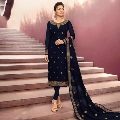 Graceful Navy Blue Colored Partywear Embroidered Georgette Suit