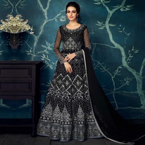 Entrancing Black Colored Partywear Embroidered Georgette Anarkali Suit