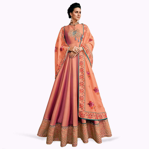 Glowing Peach Colored Partywear Embroidered Silk Abaya Style Anarkali Suit