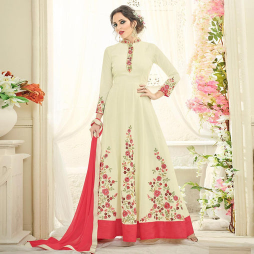 Classy Cream Floral Embroidered Floor Length Abaya Style Anarkali