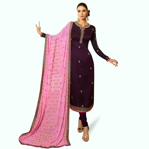 Classy Dark Purple Colored Partywear Embroidered Satin Georgette Salwar Suit