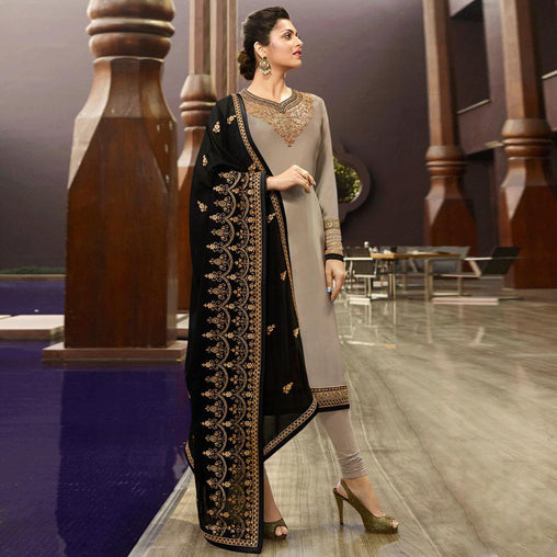 Glorious Gray Colored Partywear Embroidered Satin Georgette Suit