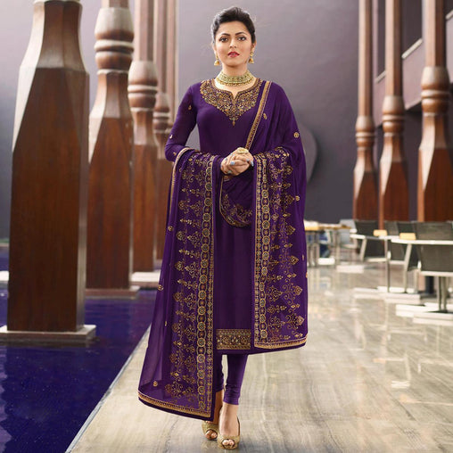 Adorable Purple Colored Partywear Embroidered Satin Georgette Suit