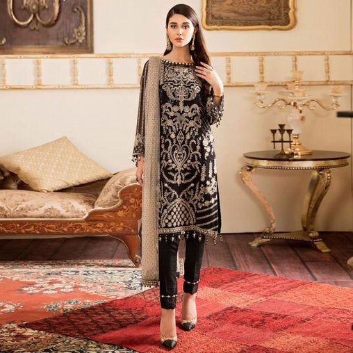 Glowing Black Colored Partywear Embroidered Georgette-Net Pant Style Kashmiri Suit