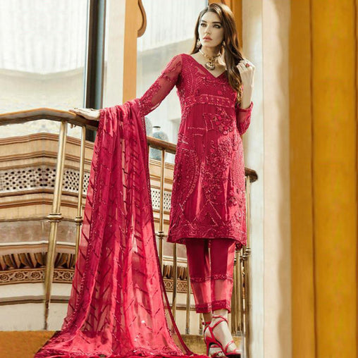 Adorable Dark Magenta Pink Colored Partywear Embroidered Georgette-Net Pant Style Suit