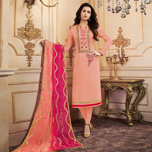 Fantastic Peach Colored Partywear Embroidered Uppada Silk Suit