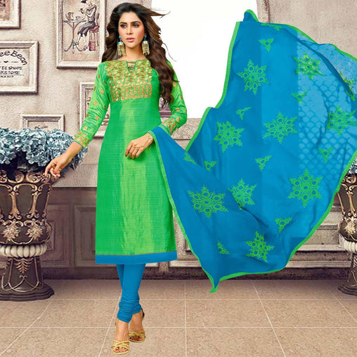 Flaunt Green Colored Partywear Embroidered Banarasi Silk Suit