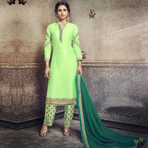 Charming Light green Colored Party Wear Embroidered Georgette Silk Suit