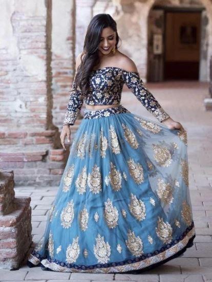 BLUE NET WITH INNER IN EMBRODERIY DESIGNER WORK LEHENGHA CHOLI