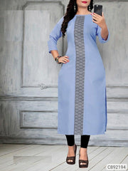 Cotton Blend Solid With Printed Calf Length Selfie Kurtis