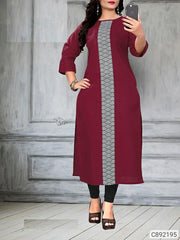 Cotton Blend Solid With Printed Calf Length Selfie Kurtis