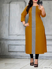 Cotton Blend Solid With Printed Calf Length Selfie Kurtis